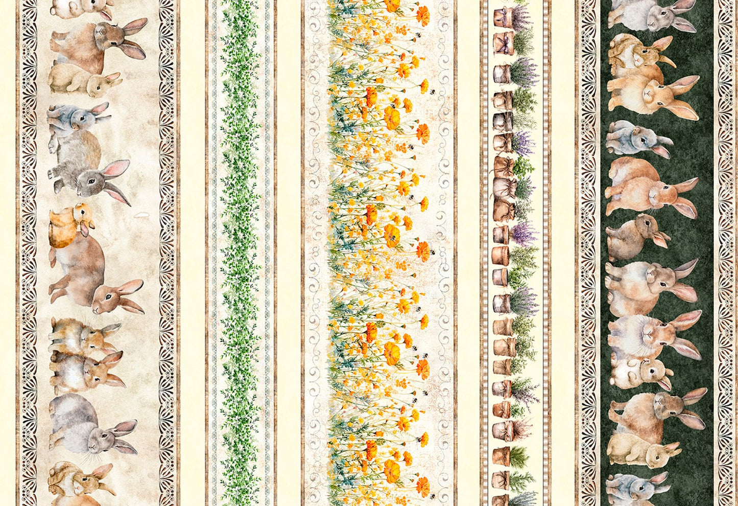 Quilting Treasures Easter Hunny Bunny Buniesy & Floral Border Stripe on multi