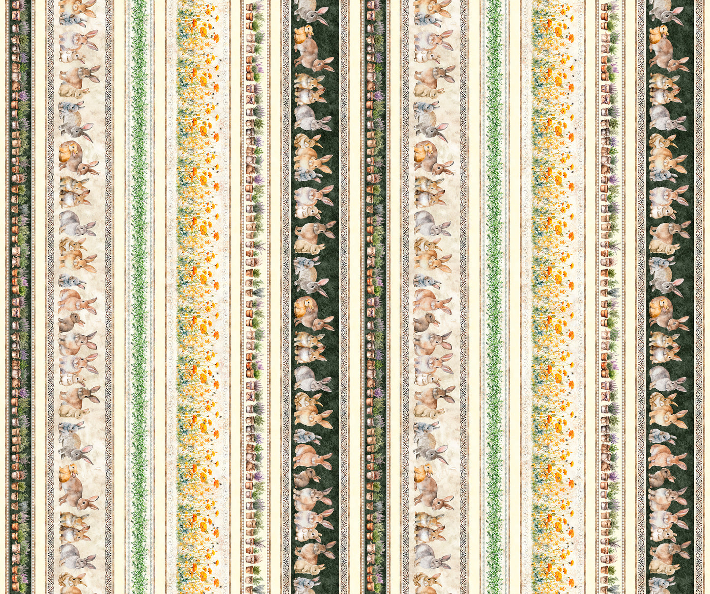 Quilting Treasures Easter Hunny Bunny Buniesy & Floral Border Stripe on multi