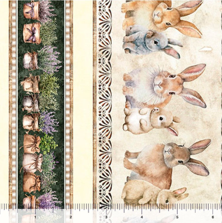 Quilting Treasures Easter Hunny Bunny Buniesy & Floral Border Stripe on multi
