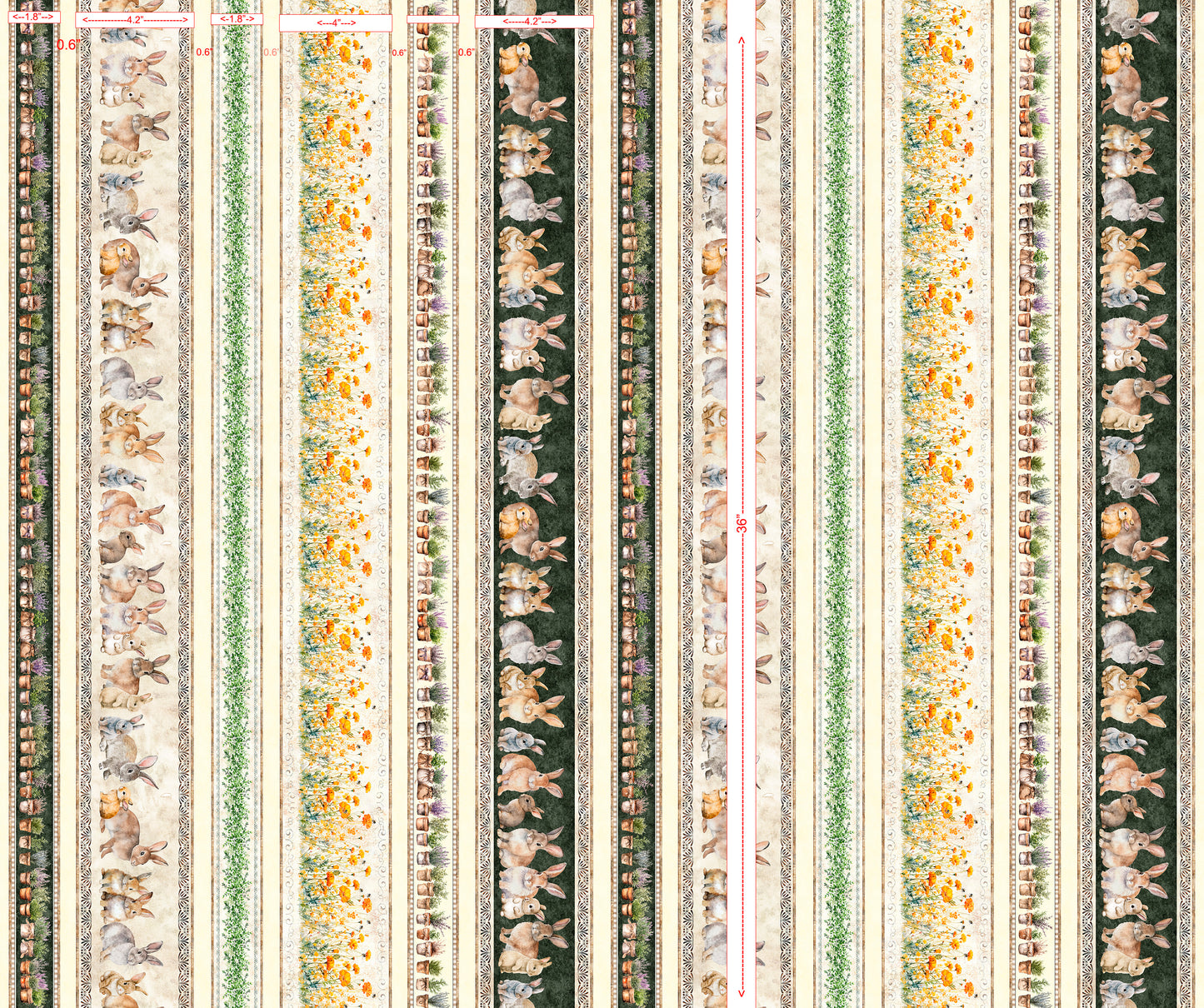 Quilting Treasures Easter Hunny Bunny Buniesy & Floral Border Stripe on multi