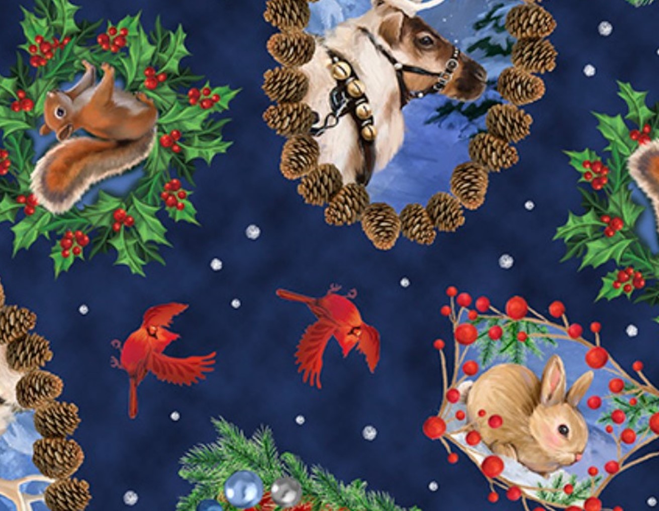 QT Fabrics Christmas Santa and Animal Portrait Toss on Navy Blue 100% Cotton Price per Yard