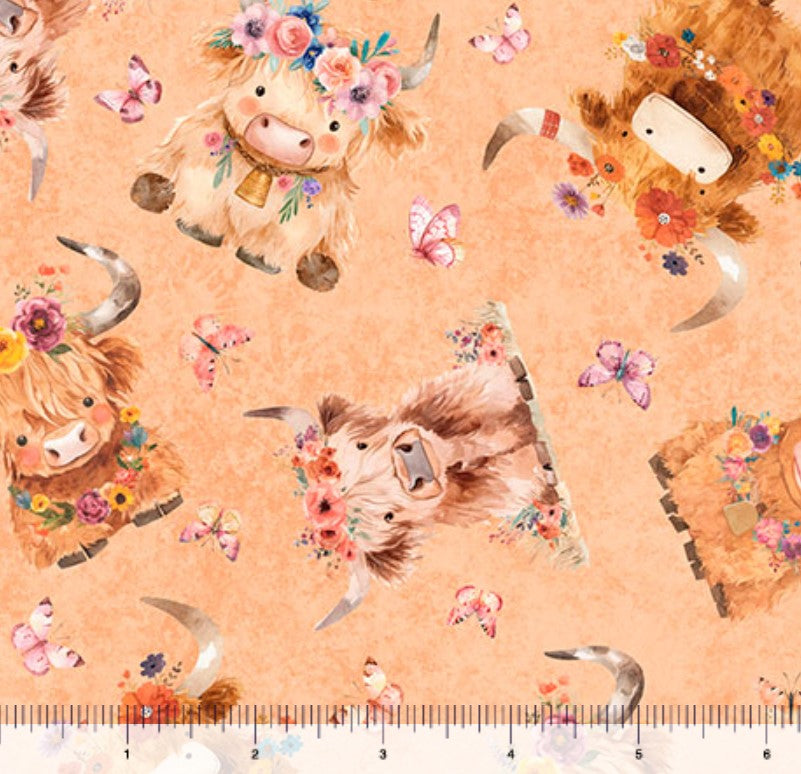 QT Fabrics Baby Highland Cows Peach Novelty 100% Cotton Price per Yard