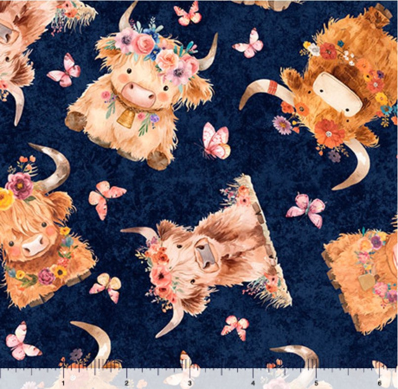 QT Fabrics Baby Highland Cows Navy Novelty 100% Cotton Price per Yard