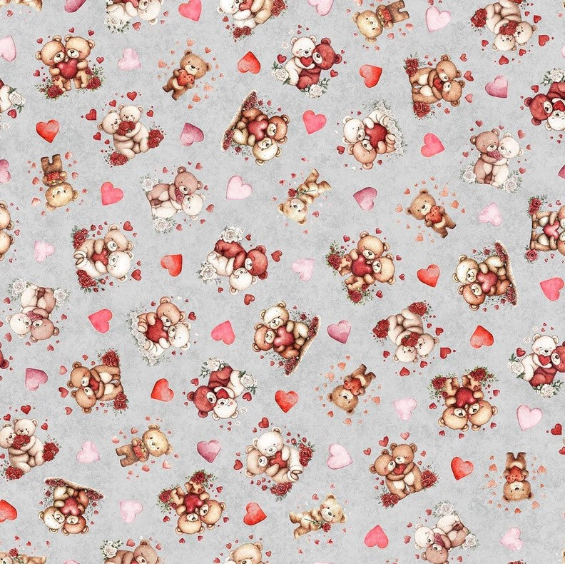 Valentines Bears and Hearts on Gray 100% Cotton Price per Yard