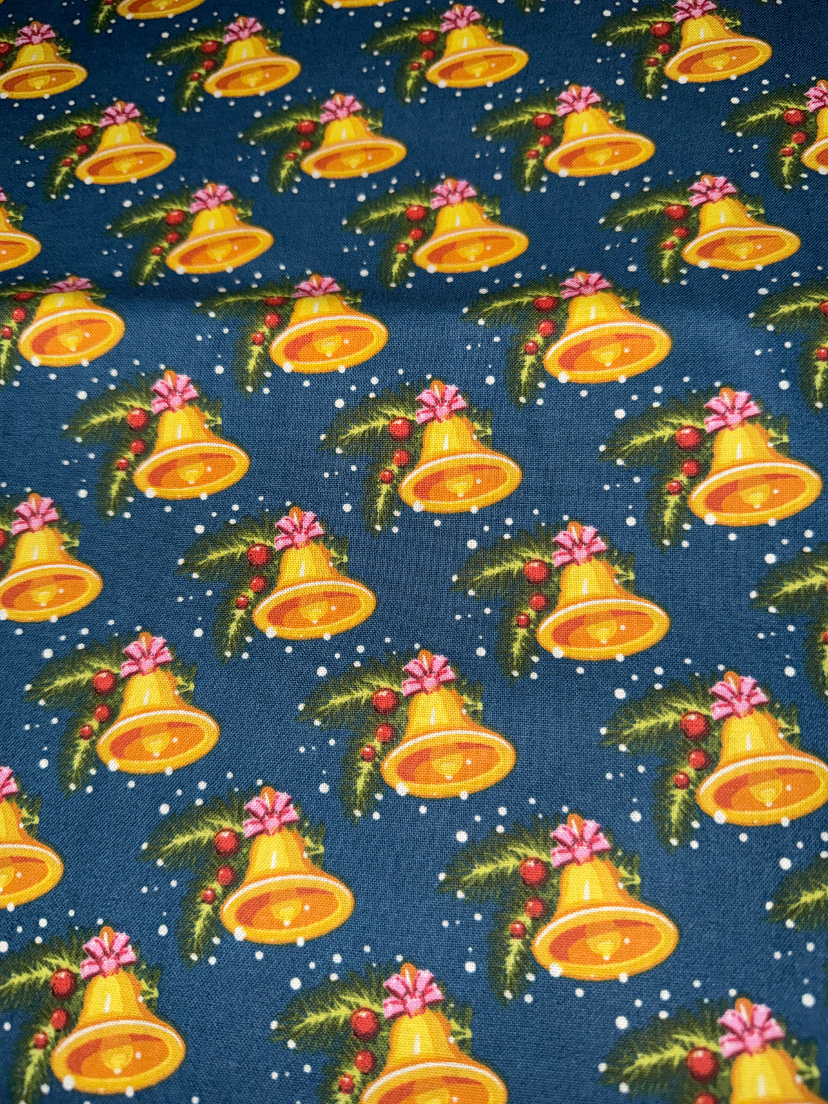Christmas Gold Bells on Blue Teal 100% Cotton Fabric