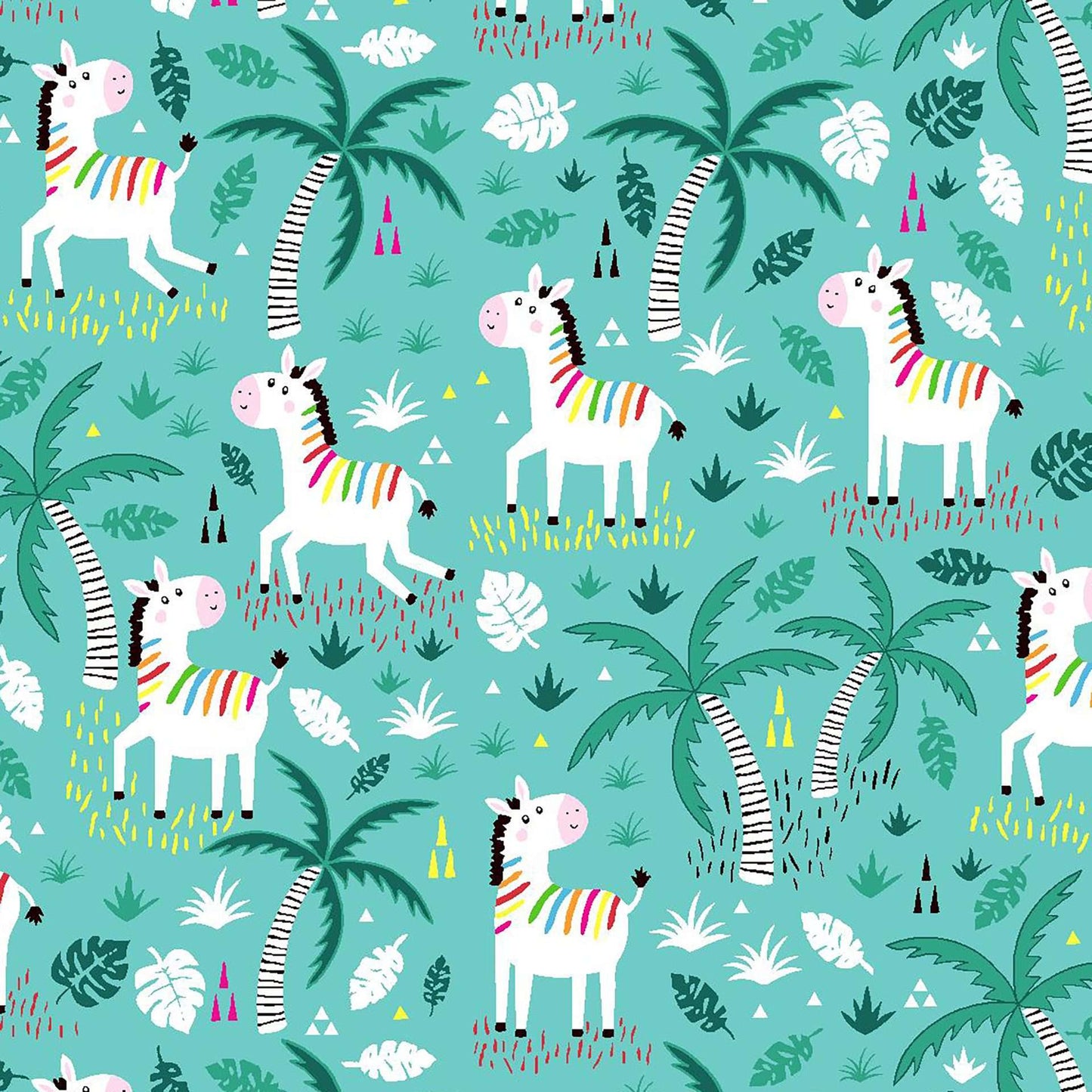 Oasis Fabrics Fun Flannels Teal Colorful Zebras on White Baby Price per Yard
