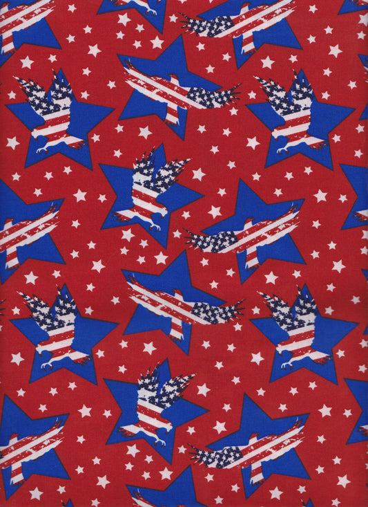 Foust Textiles Made In The USA Red White and Blue Large Stars and Eagles on Red Patriotic Price per Yard