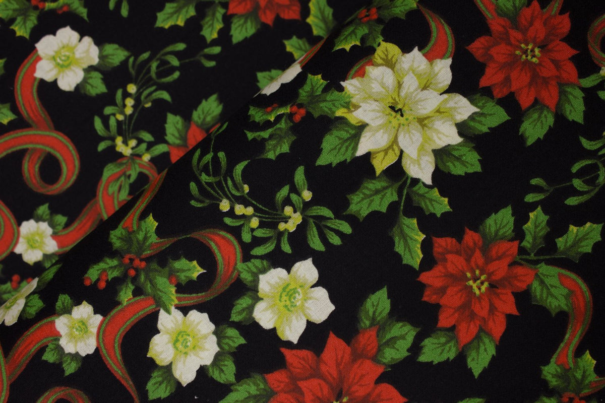 Christmas Poinsettias and Ribbons on Black 100% Cotton Price per Yard