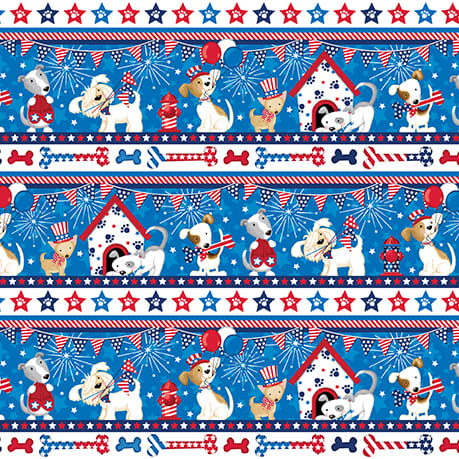 Studio E Patriotic Pooch Border Stripe Blue Dogs Price per Yard