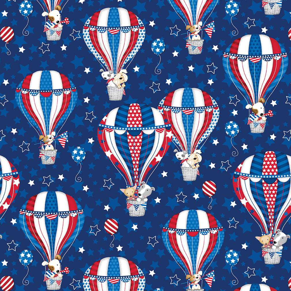 Studio E Patriotic Pooch Pups in Hot Air Balloons Navy Blue Dogs Price per Yard
