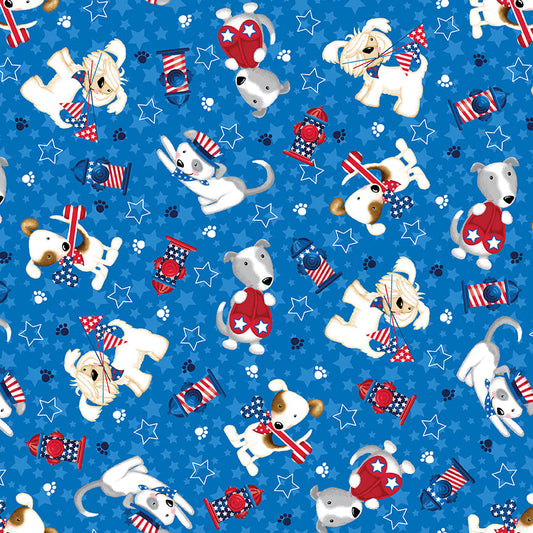 Pattern of patriotic dogs and stars on a blue background