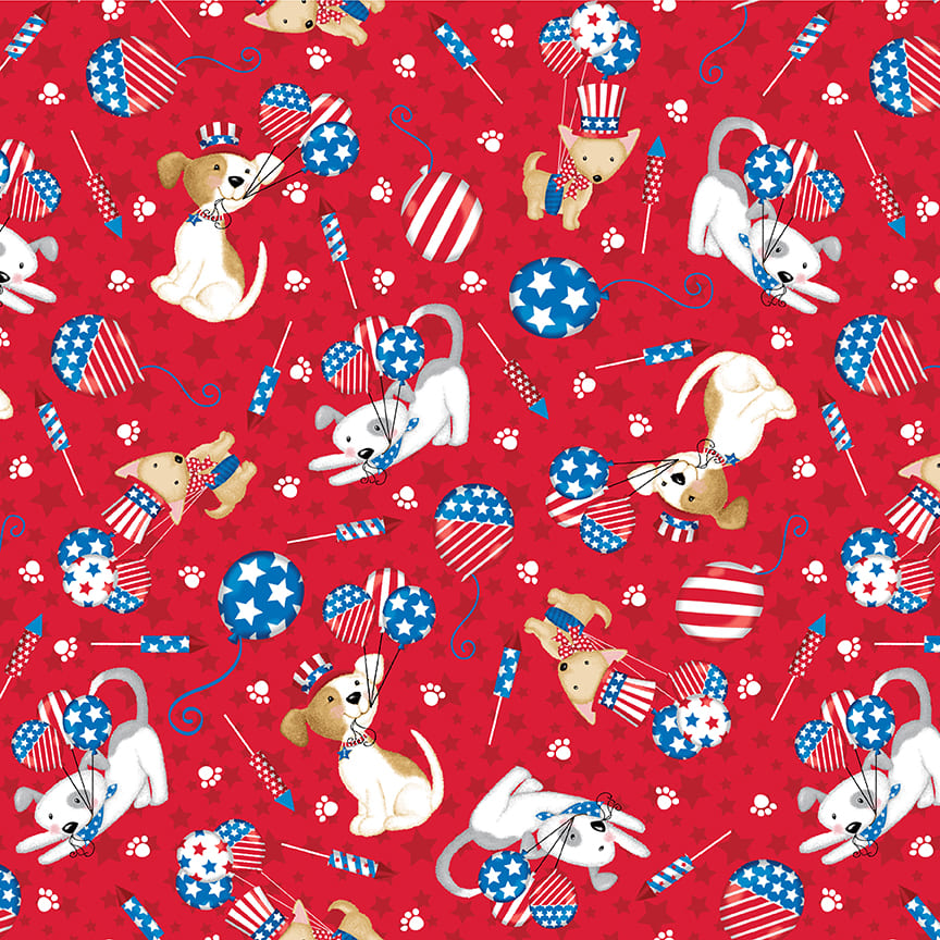 Pattern of patriotic dogs and flags on a red background