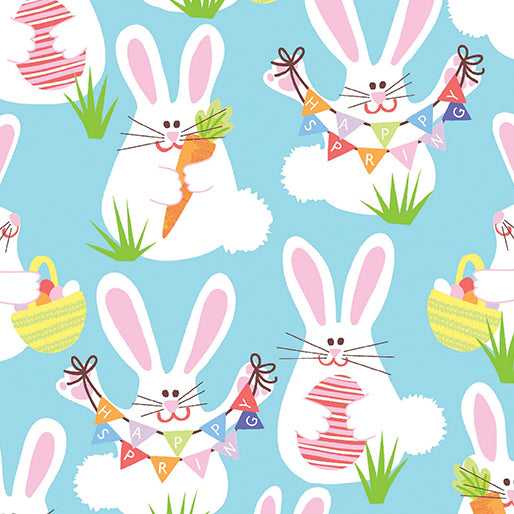 Benartex Easter Funny Bunnies Spring Bunnies on Blue 100% Cotton Fabric Price per Yard