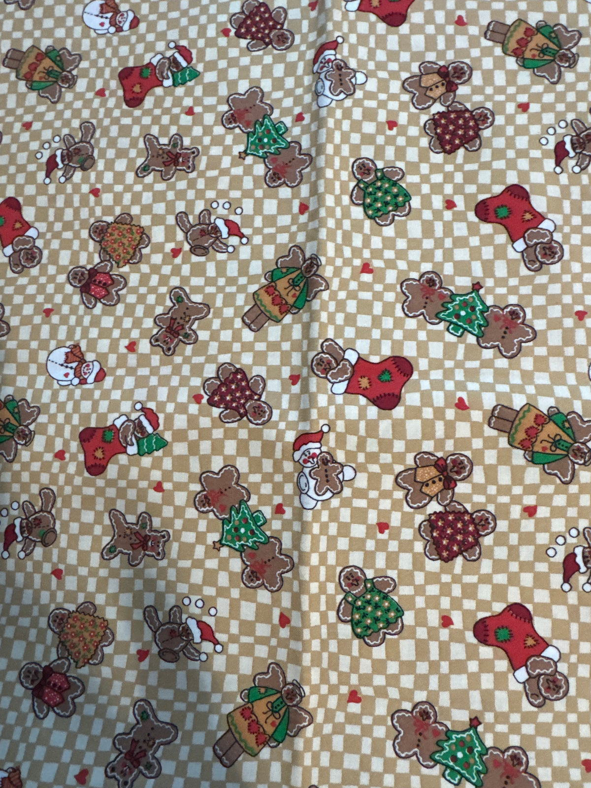 Christmas Vintage Gingerbread Stockings on Cream Plaid 100% Lightweight Cotton Price per Yard