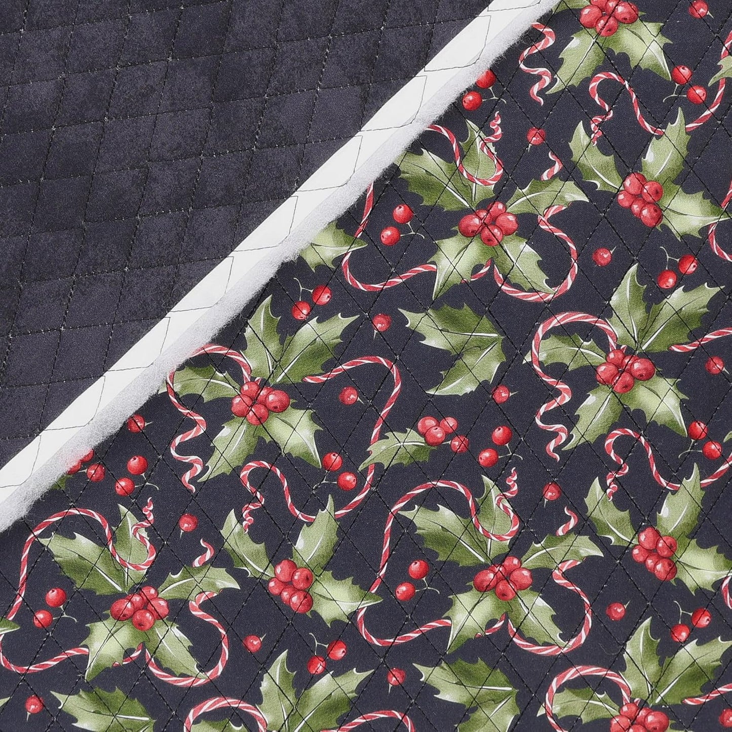 Mook Fabrics Double Faced Prequilted Christmas Holly Candy Canes Black By the Yard