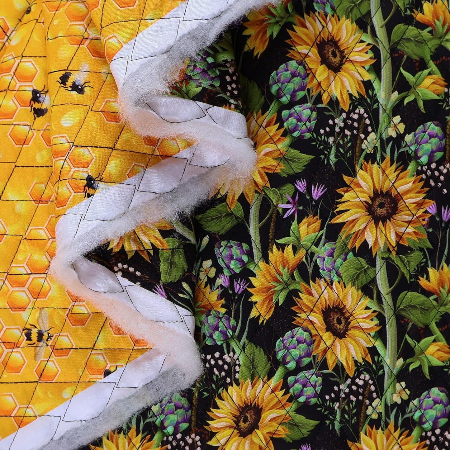 Mook Fabrics Double Faced Prequilted Sunflower Bees Honeycomb By the Yard Novelty