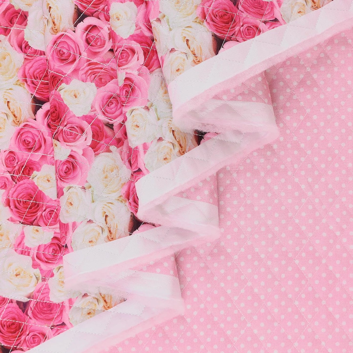Mook Fabrics Double Faced Prequilted Pink White Roses Dots By the Yard