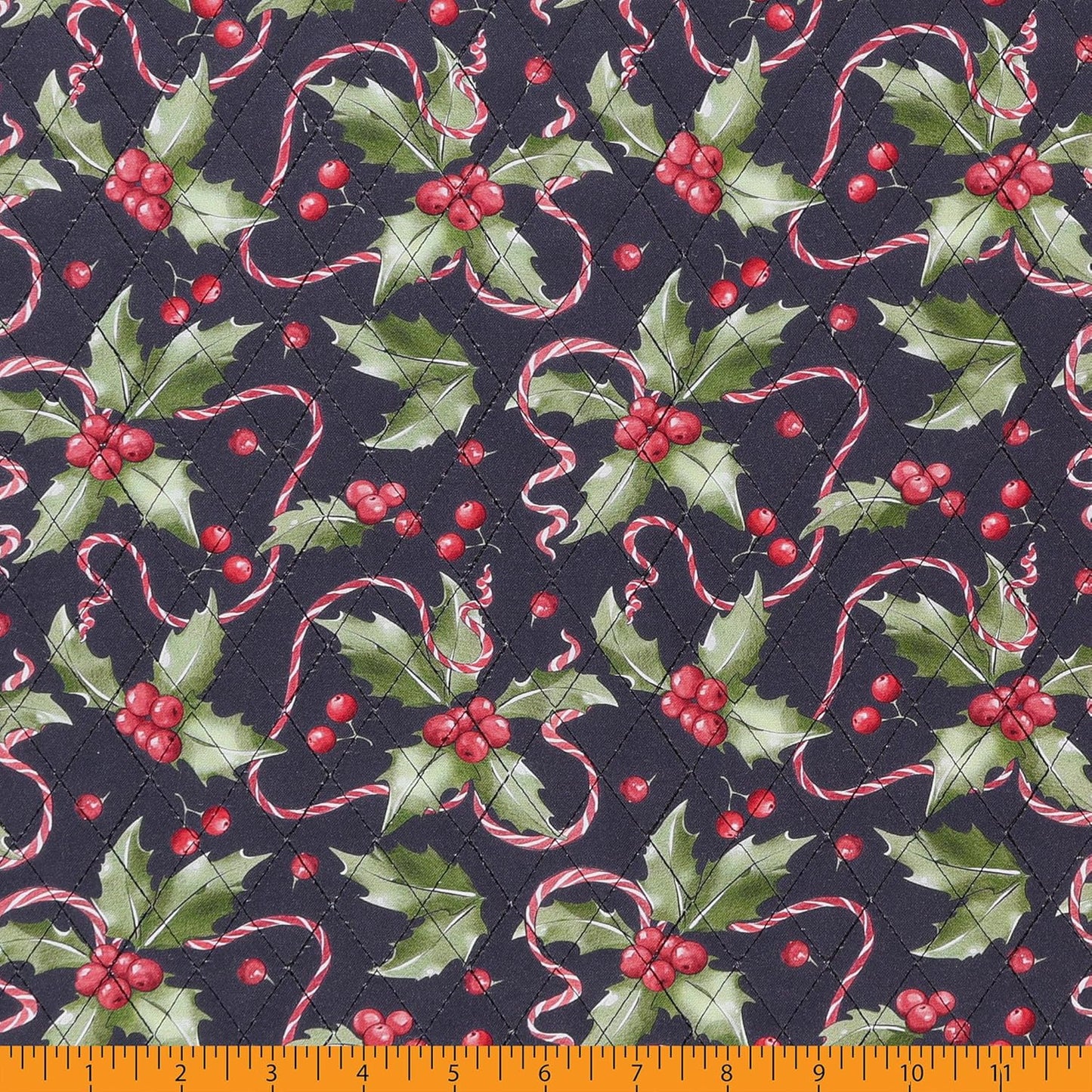 Mook Fabrics Double Faced Prequilted Christmas Holly Candy Canes Black By the Yard