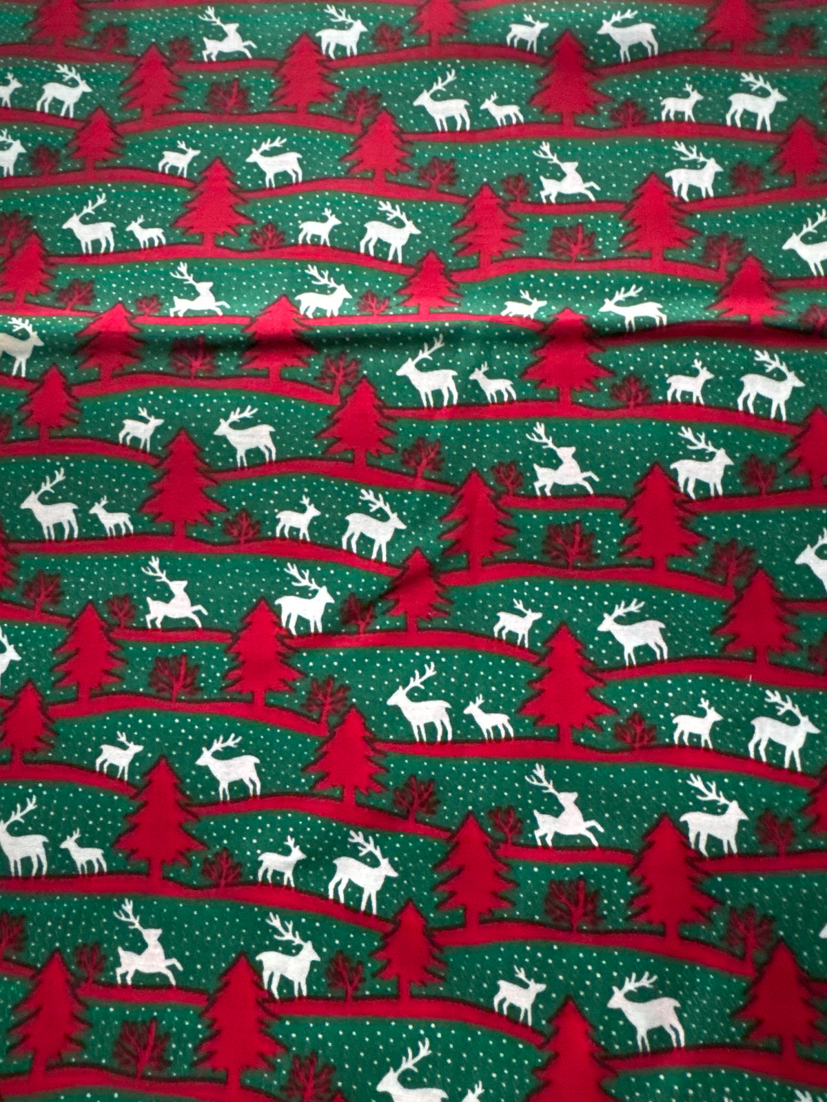 Christmas Vintage Trees Reindeer Curvy Lines on Green 100% Lightweight Cotton Price per Yard
