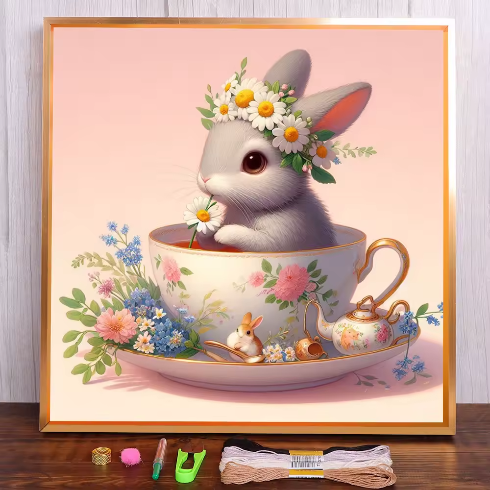 Embroidery Cross Stitch Kit Pre-printed Easter Bunny Rabbit 8 in x 8 in 14 CT