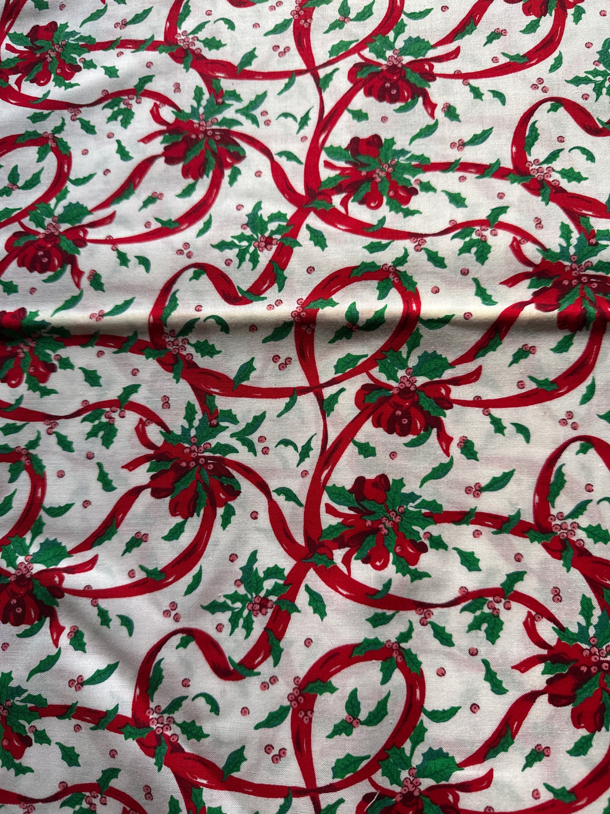 Christmas Vintage Holly Ribbons on Cream 100% Lightweight Cotton Price per Yard