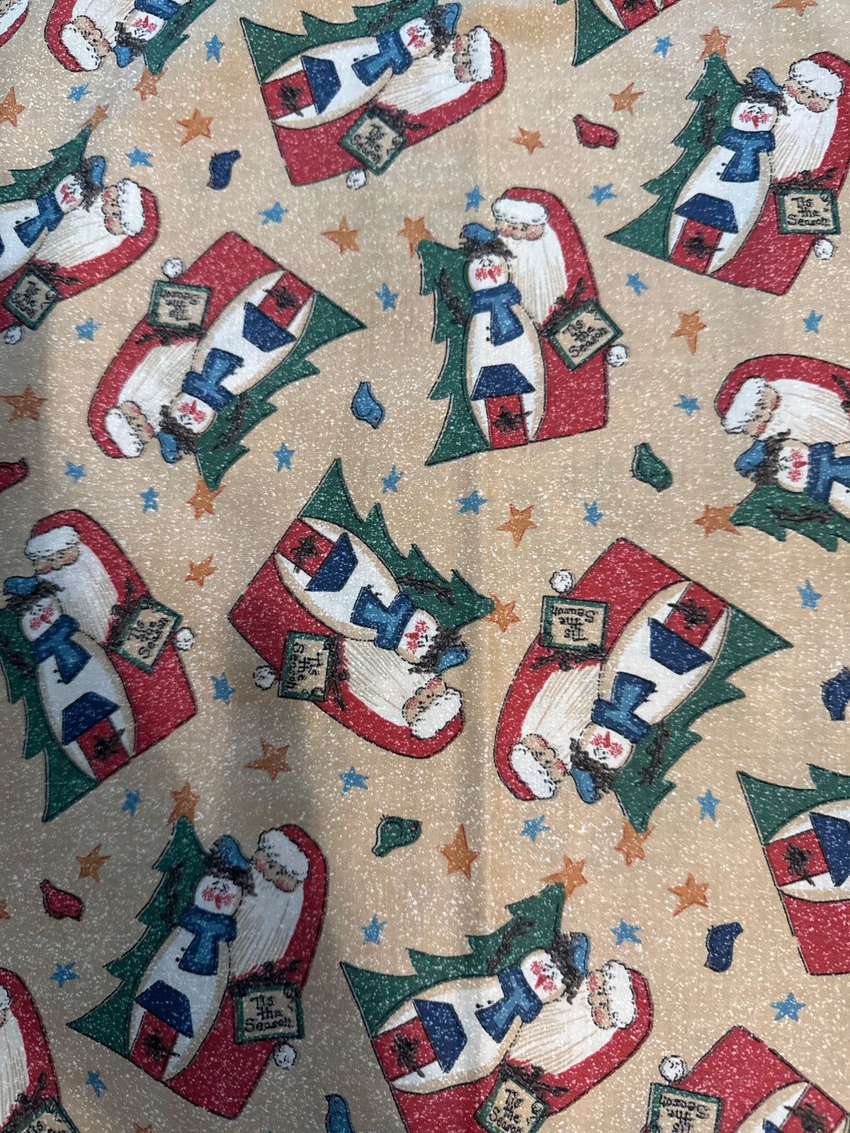 Christmas Vintage Santa and Snoman Stars on Tan 100% Lightweight Cotton Price per Yard