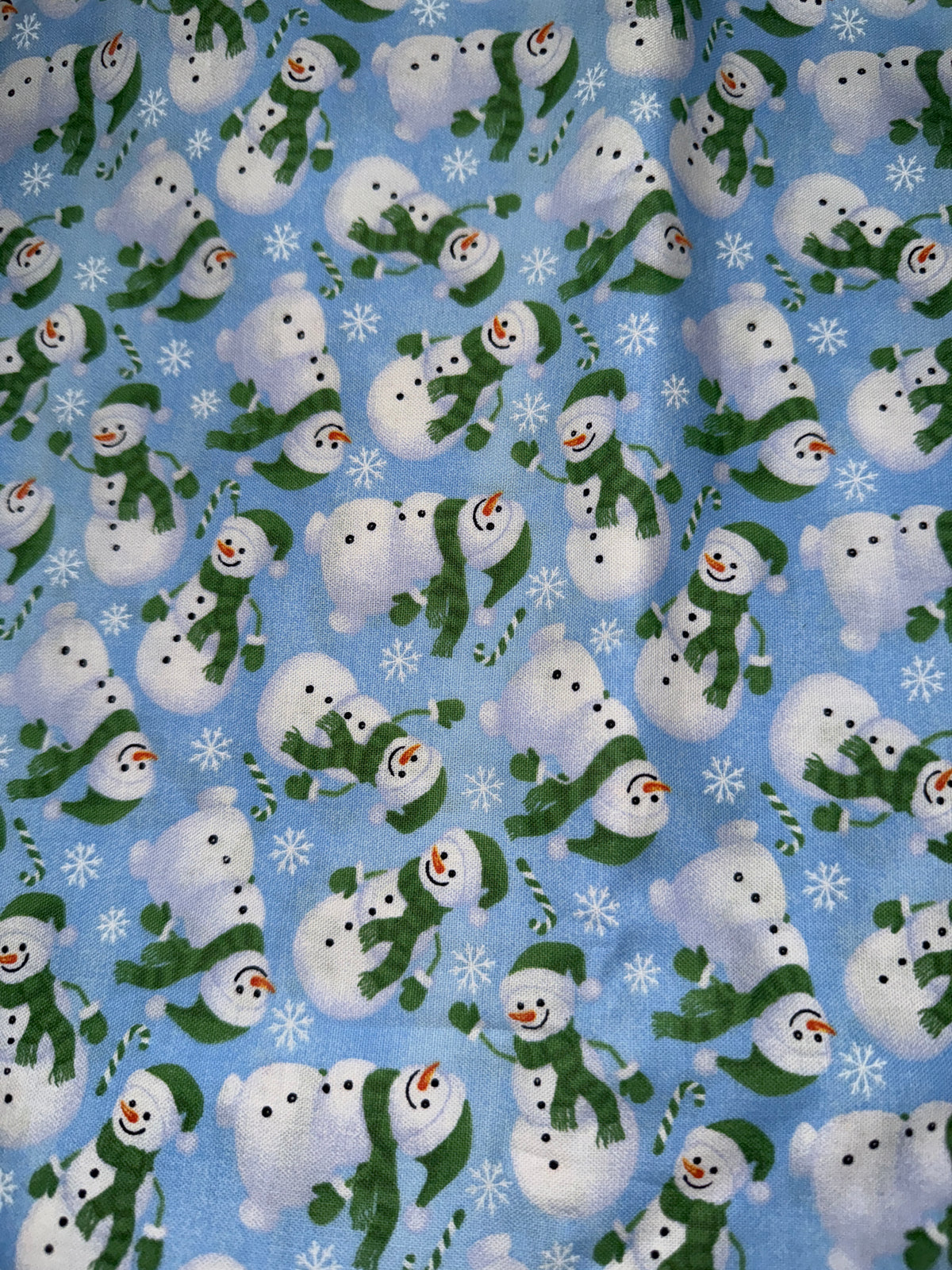 Christmas Fabric Snowmen with Green Scarves on Light Blue 100% Cotton