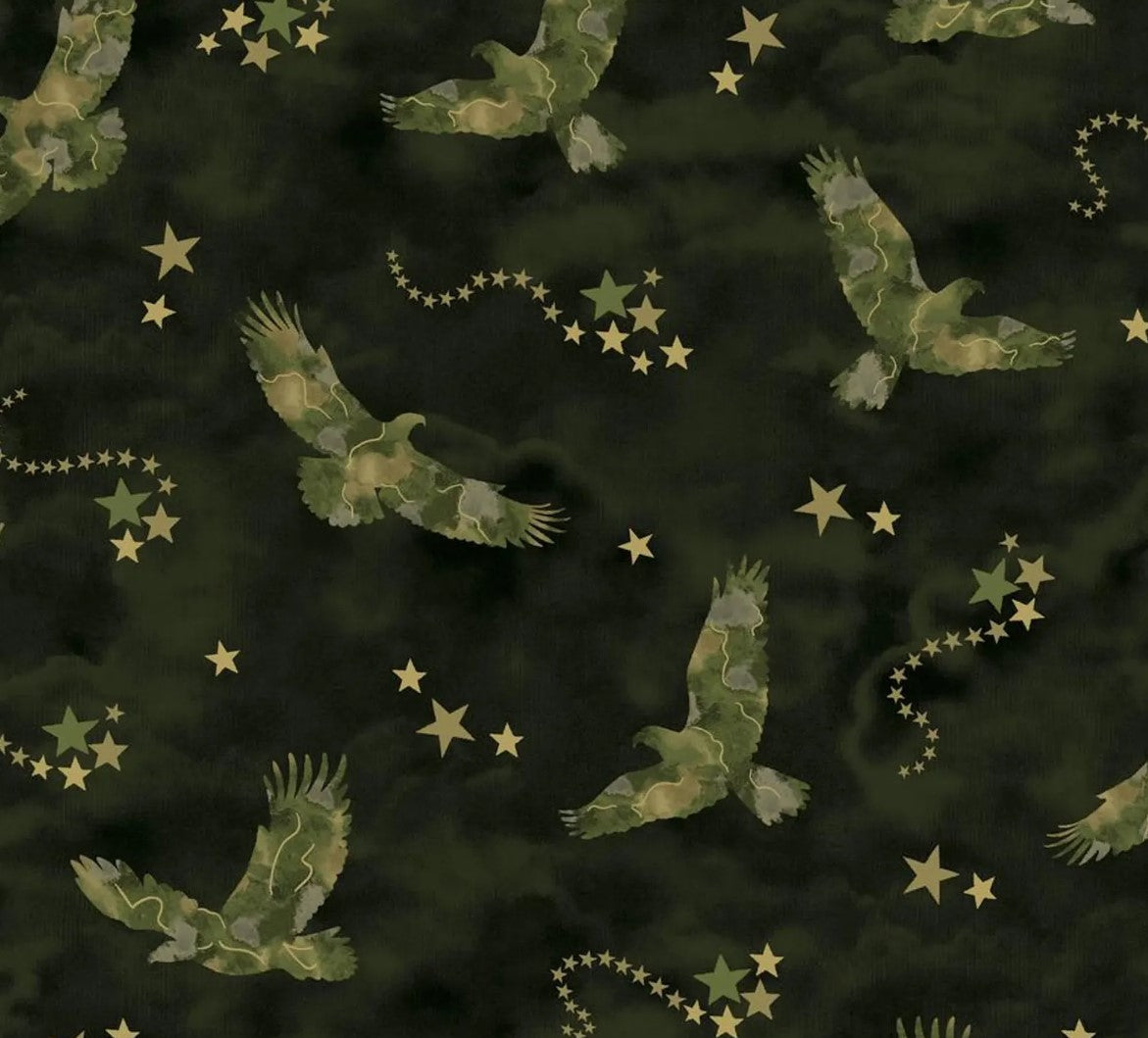 Fabric Traditions Patriotic Eagles Glitter on Green
