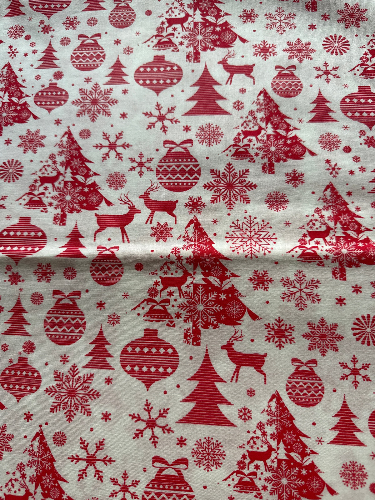 Christmas Trees Snowflakes Deer on White 100% Cotton Price per Yard