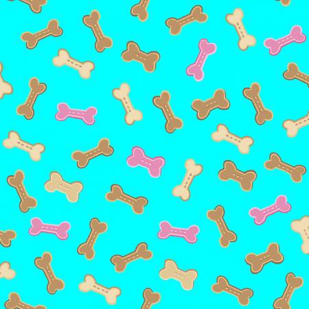 Freckle + Lollie Pampered Paws Dog Bones on Aqua 100% Cotton Price per Yard