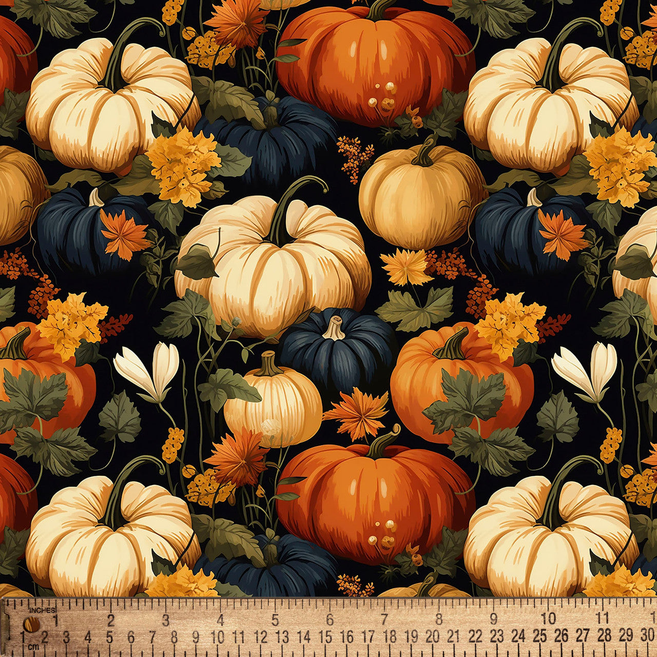 Thanksgiving Pumpkin Patch Harvest Multi on Blue 100% Cotton