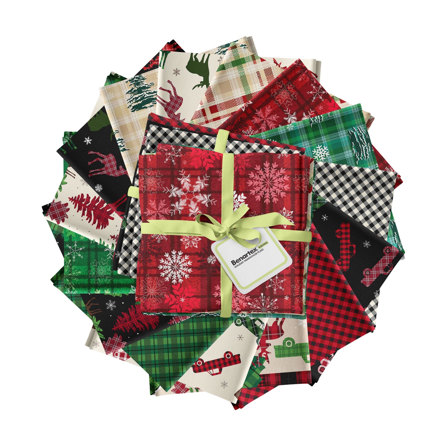 Benartex 15 Piece Fat Quarter Bundle Christmas Farmhouse Plaid 100% Cotton