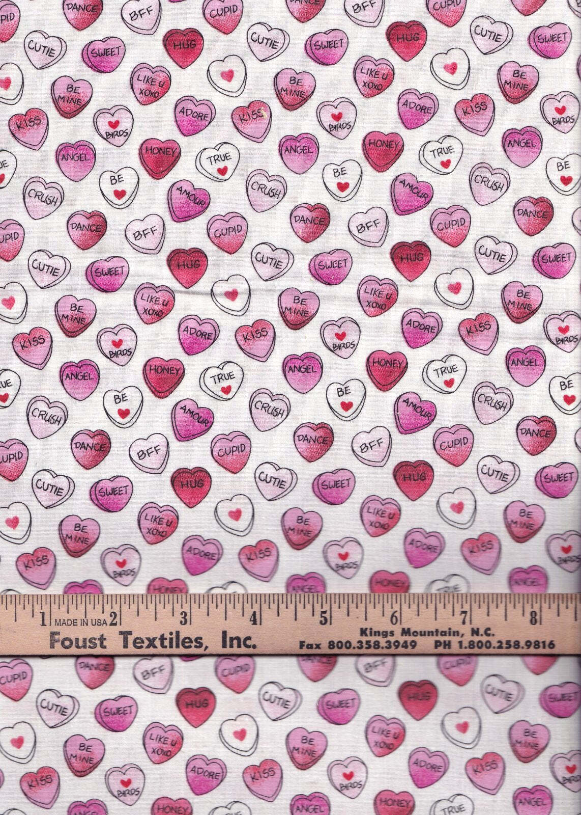 Fabric Traditions Valentine Candy Hearts on White 100% Cotton Price per Yard