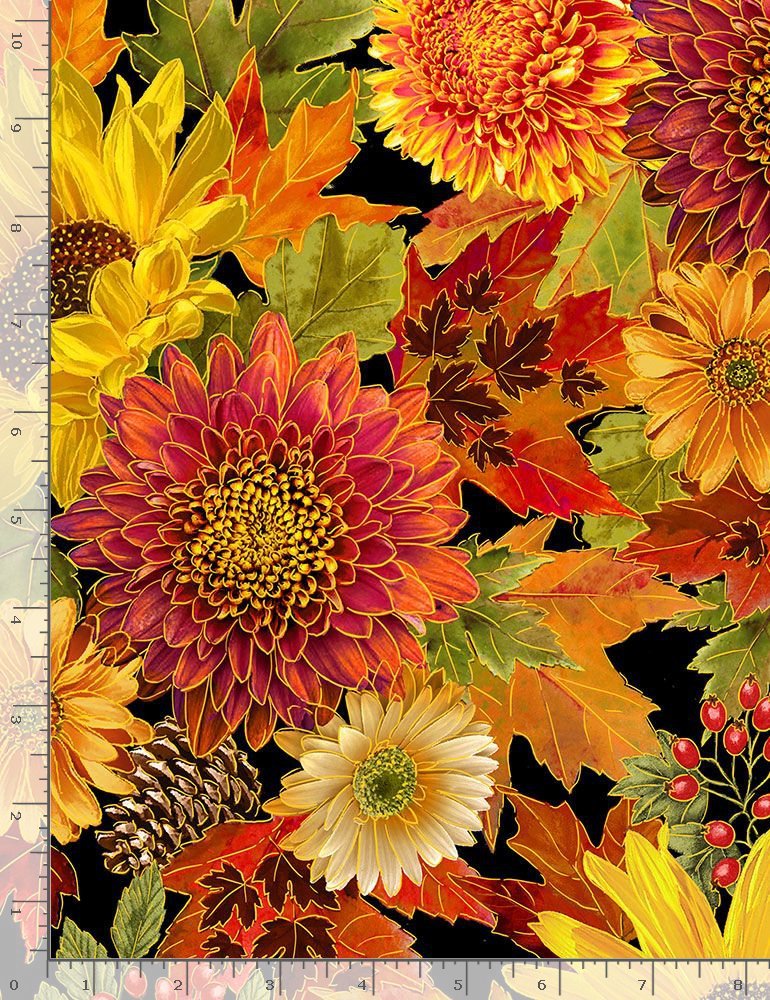 Thanksgiving Packed Harvest Bouquet on Black Metallic 100% Cotton Price per Yard