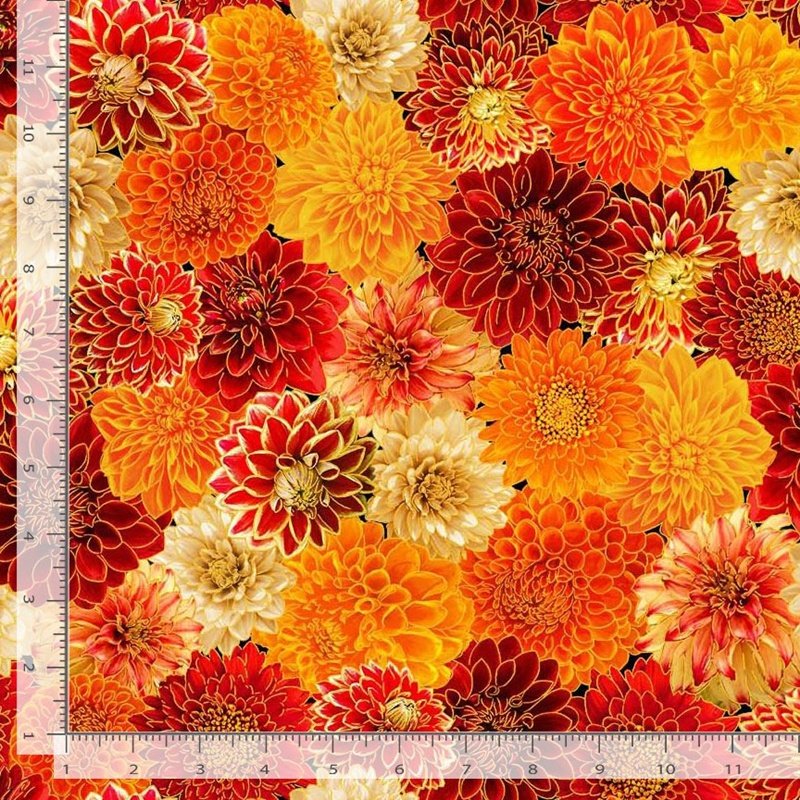 Thanksgiving Packed Mums Chrysanthemum Mix Metallic 100% Cotton Price per Yard