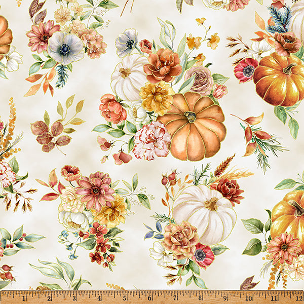 Hoffman Fabrics Thanksgiving Harvest Bouquet Flowers and Pumpkins on Cream 100% Cotton