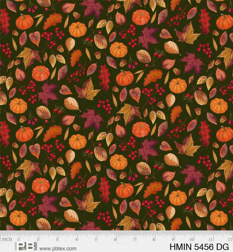 P&B Textiles Harvest Minis Leaf and Pumpkins Dark Green Thanksgiving