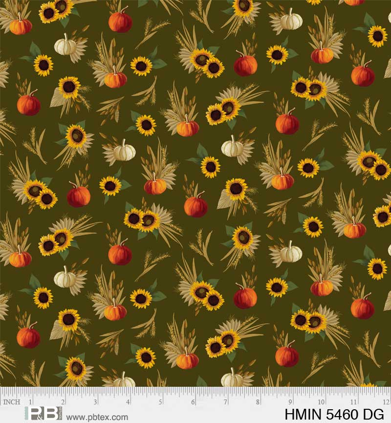 P&B Textiles Harvest Minis Sunflowers and Pumpkins Dark Green Thanksgiving