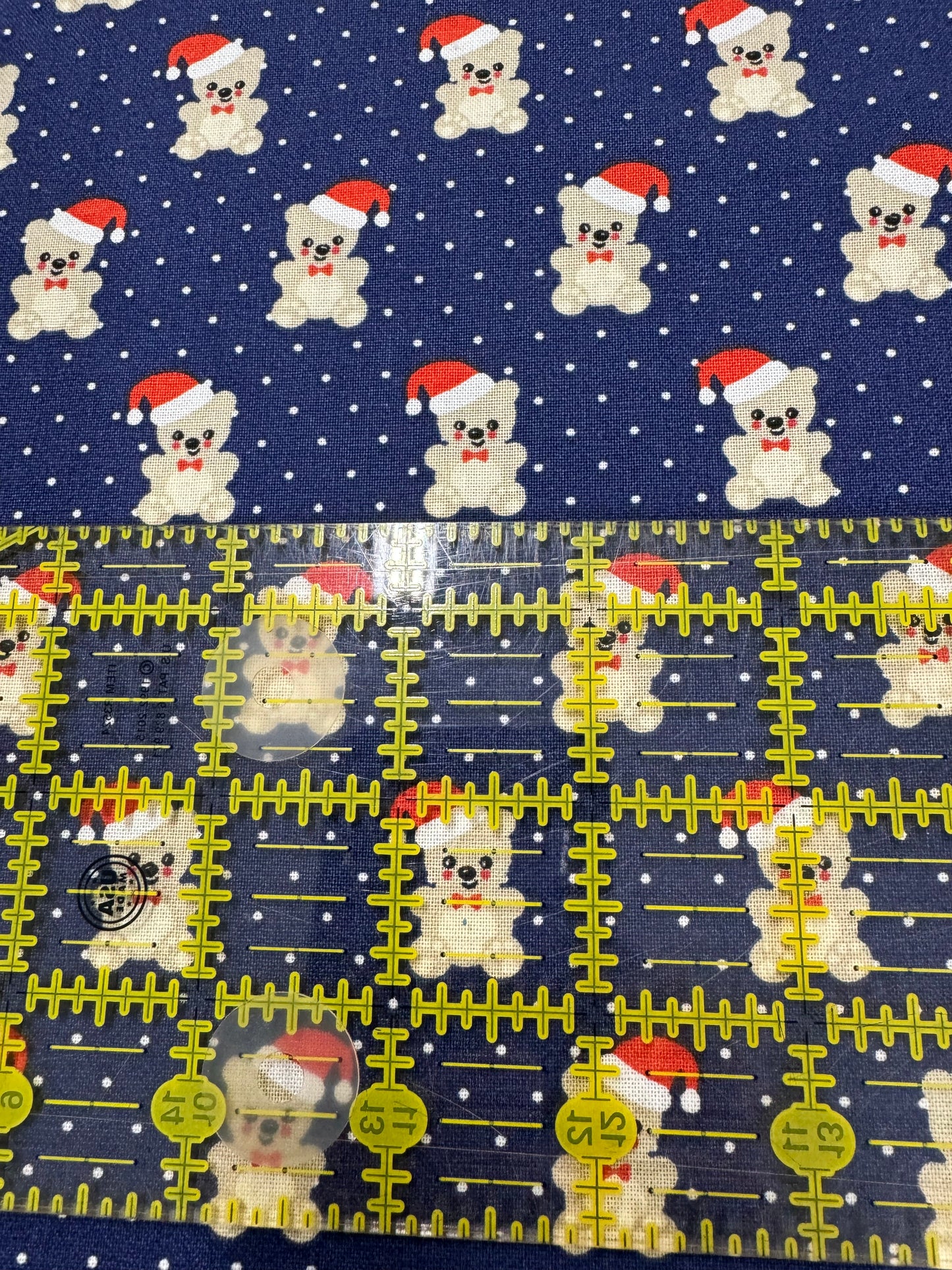 Christmas Teddy Bears on Navy Blue with Dots 100% Cotton