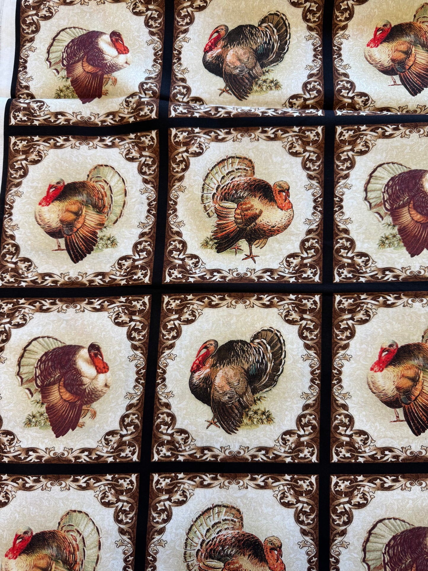 Benartex Turkey Time Turkeys in Blocks Black Fall Thanksgiving 100% Cotton Fabric