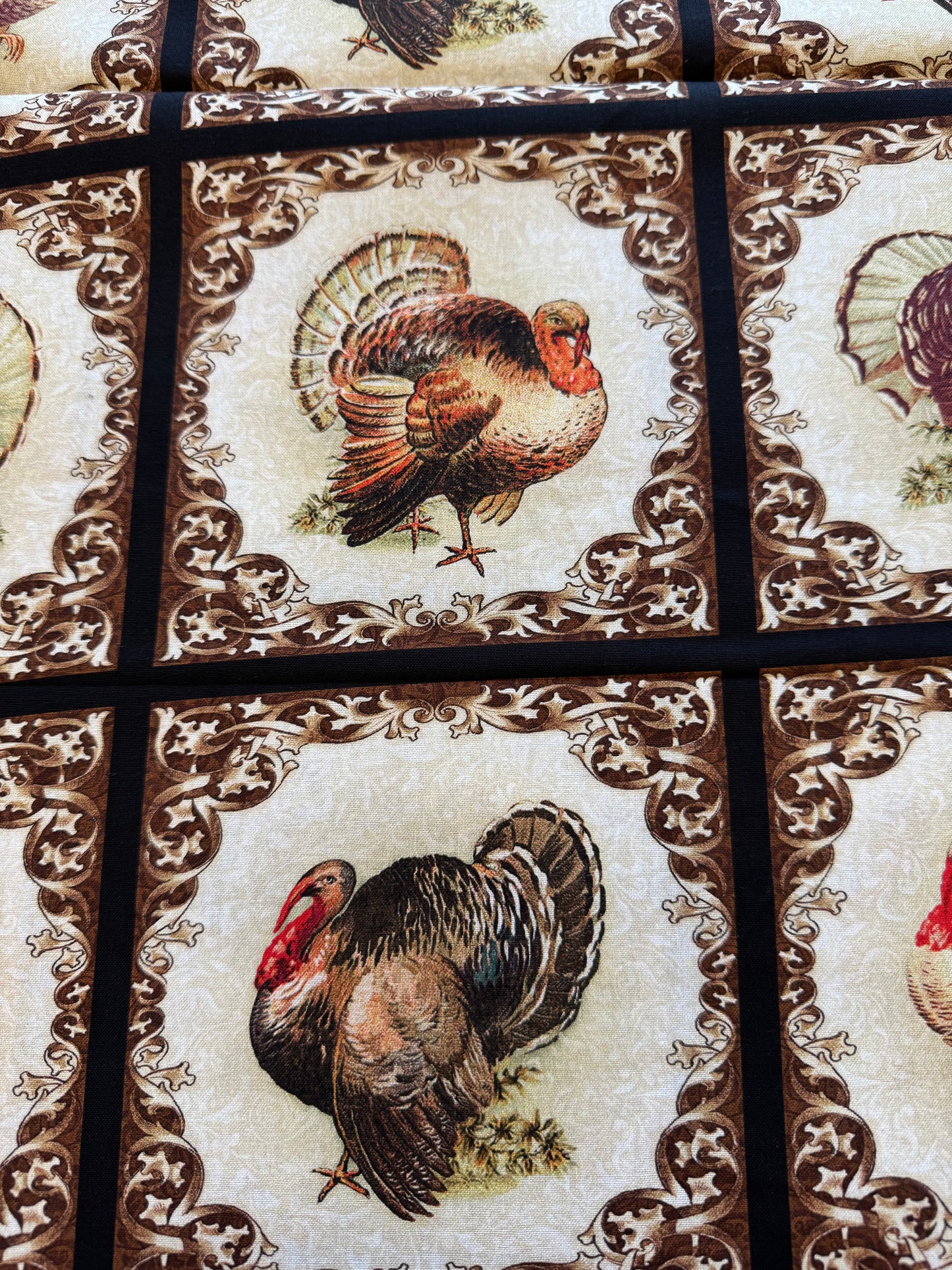 Benartex Turkey Time Turkeys in Blocks Black Fall Thanksgiving 100% Cotton Fabric