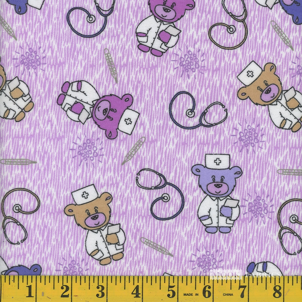 Mook Fabrics Flannel Doctor Teddy Purple Baby 100% Cotton Price per Yard