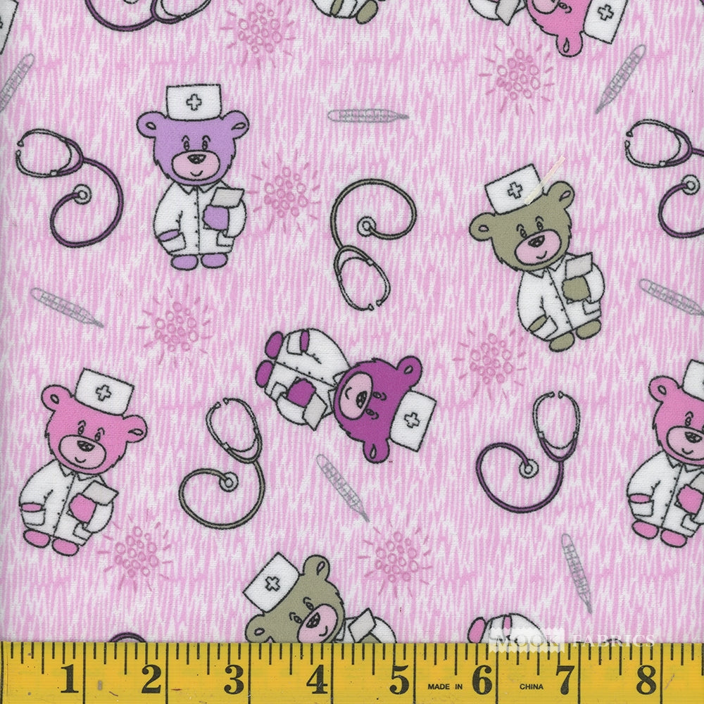 Mook Fabrics Flannel Doctor Teddy Pink Baby 100% Cotton Price per Yard