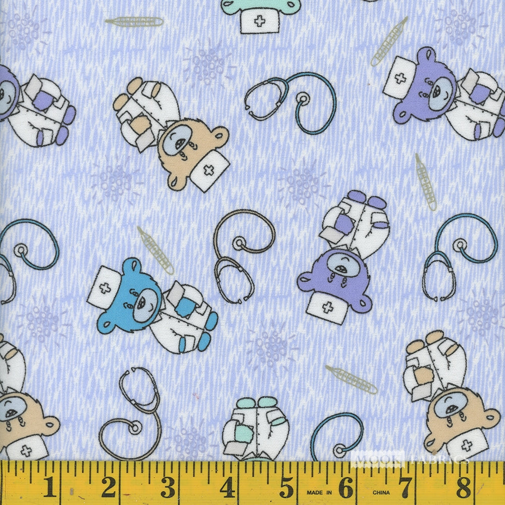 Mook Fabrics Flannel Doctor Teddy Blue Baby 100% Cotton Price per Yard