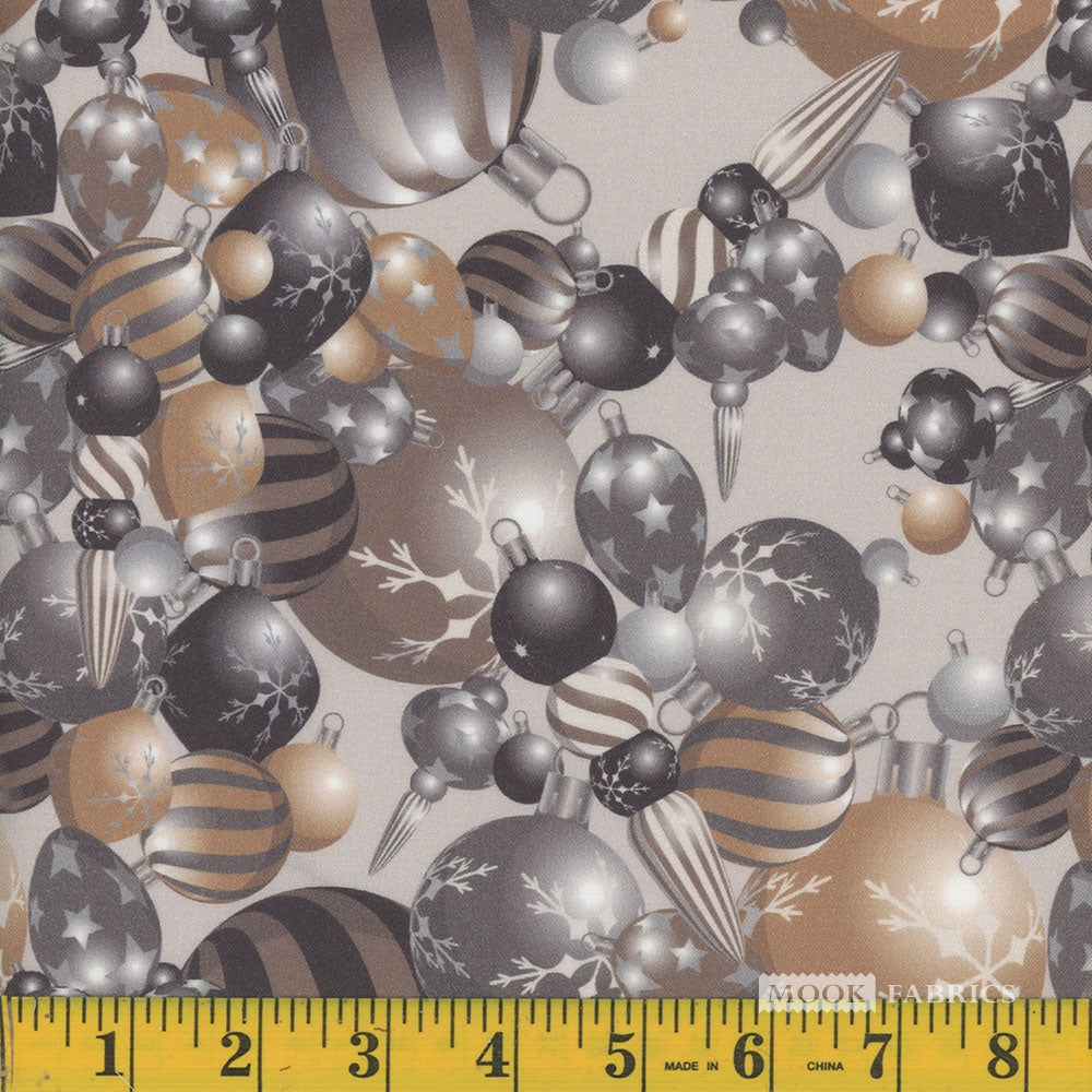 Mook Fabrics Christmas Ornaments Black Gold 100% Cotton Fabric By the yard