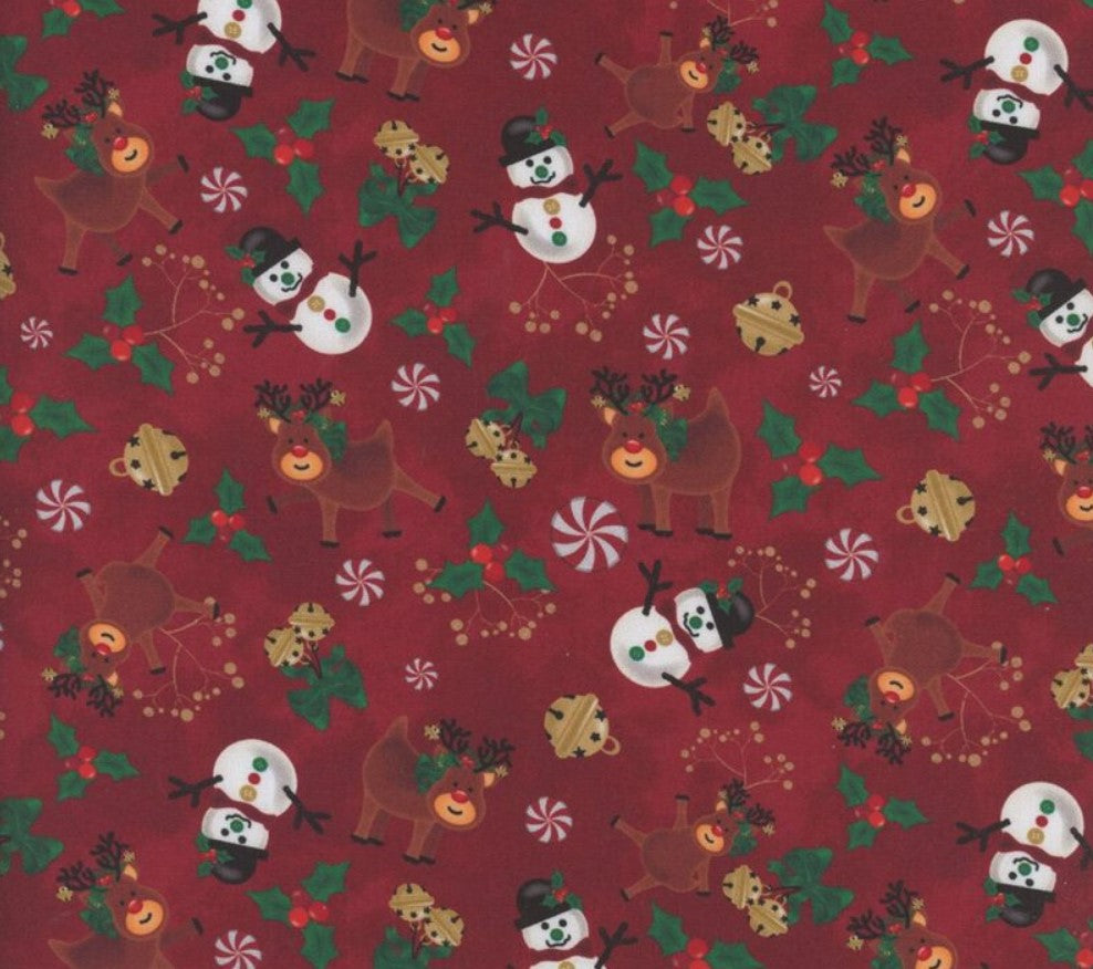 Christmas Snowmen Reindeer Bells Candy on Red 100% Cotton Price per yard