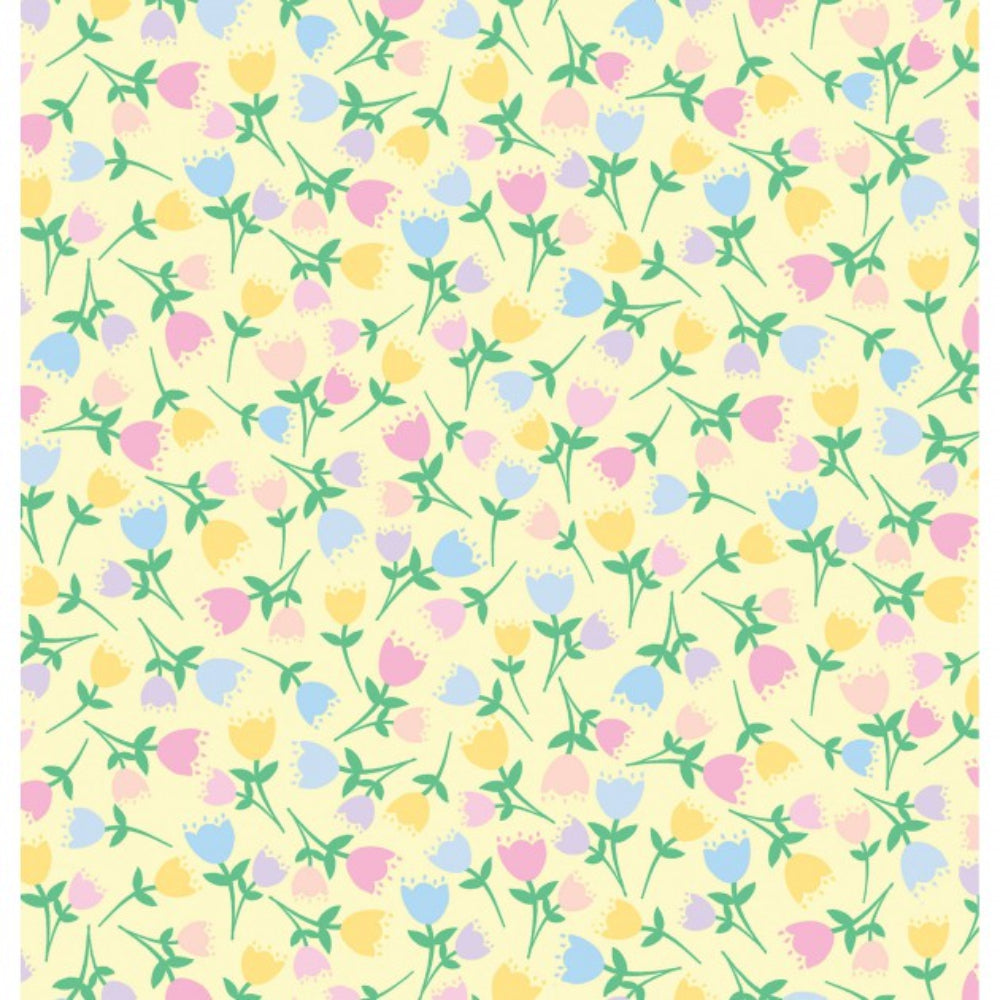 Benartex Easter Love Bunny Tulips on Yellow 100% Cotton Fabric Price per Yard