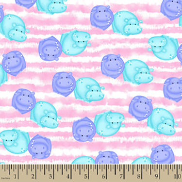 Pattern of blue and purple cartoon-like hippos on a pink and white striped background with a ruler at the bottom.