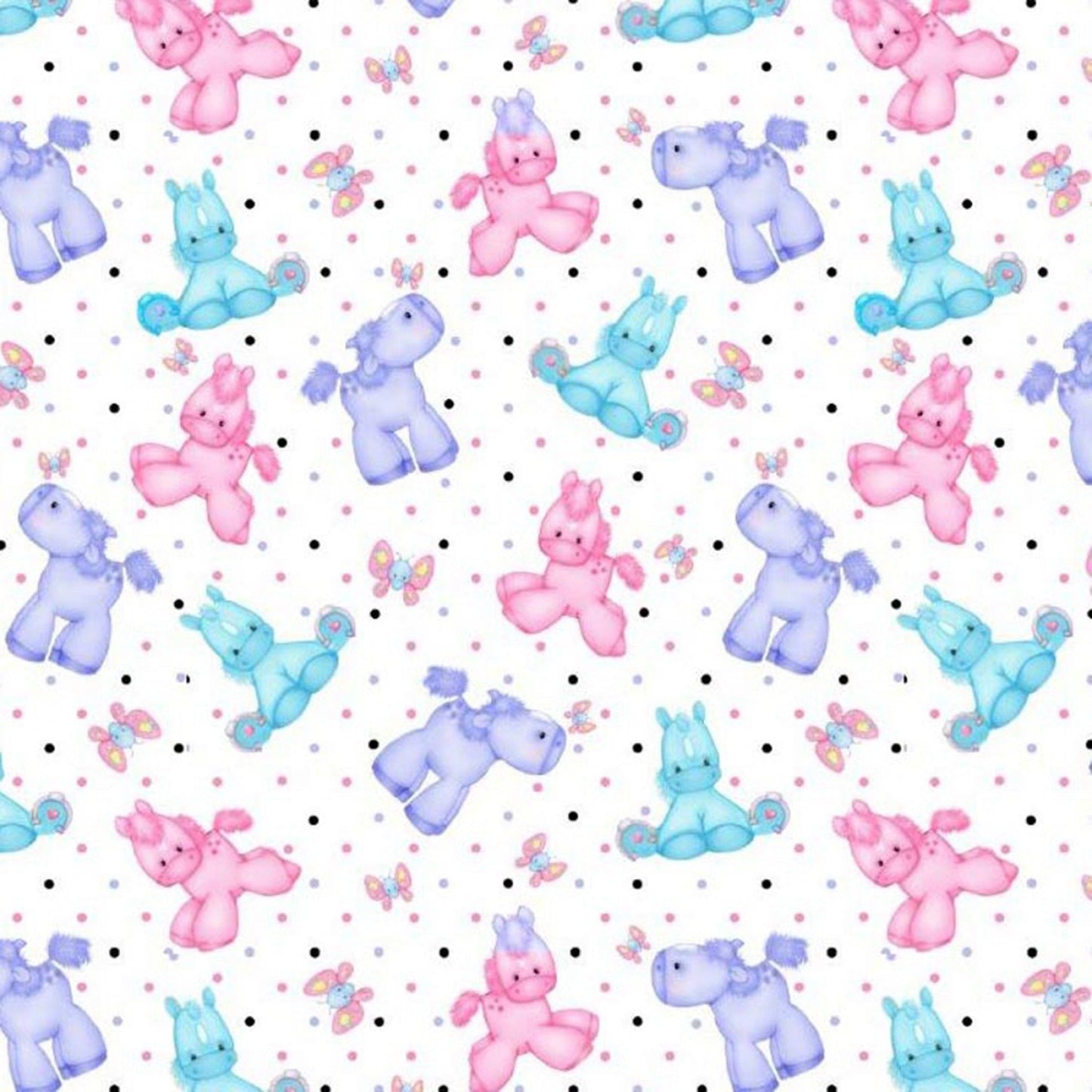 A. E. Nathan Comfy Flannel Ponies and Butterflies on White Baby Price per Yard