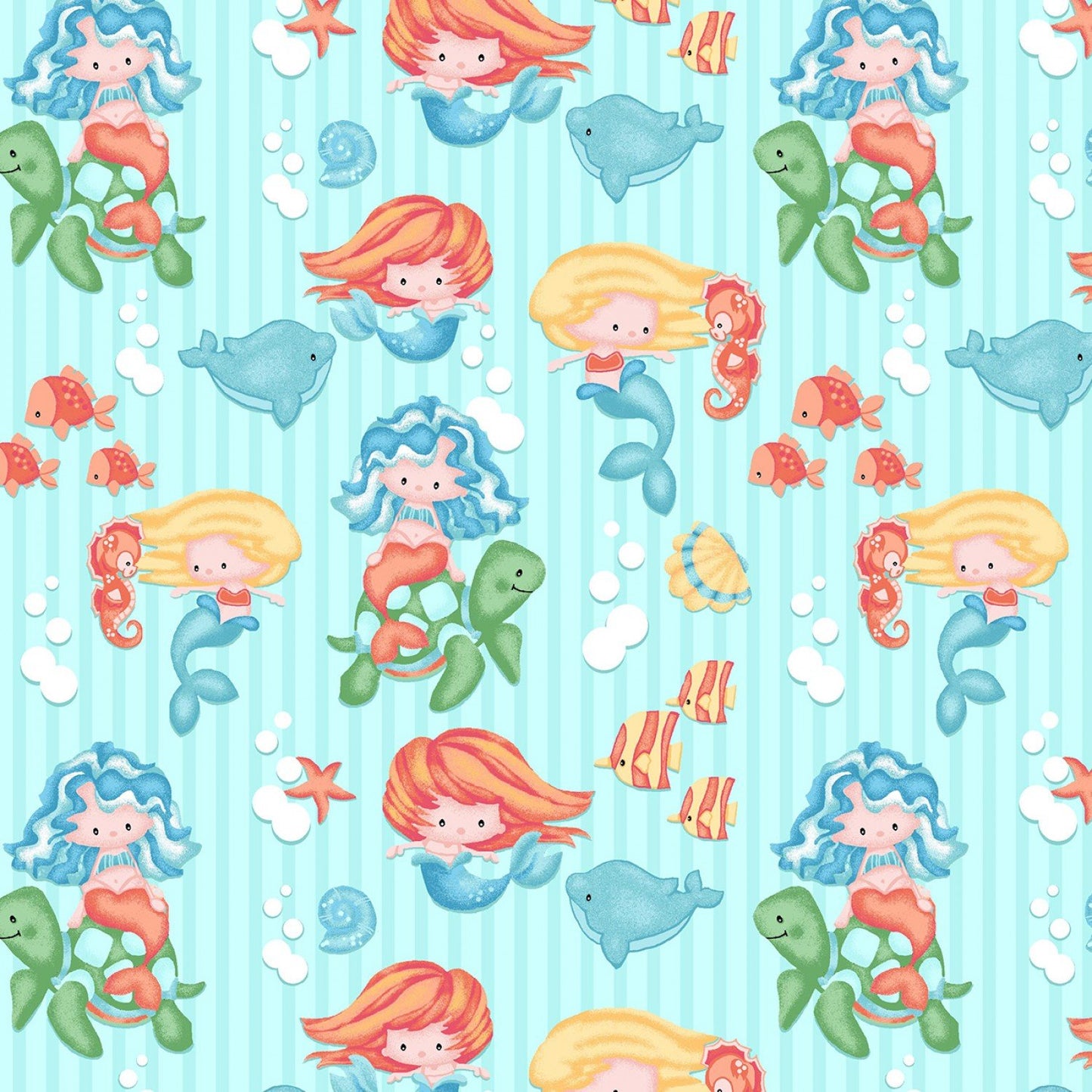 Pattern of cartoon mermaids, fish, and sea creatures on a blue background